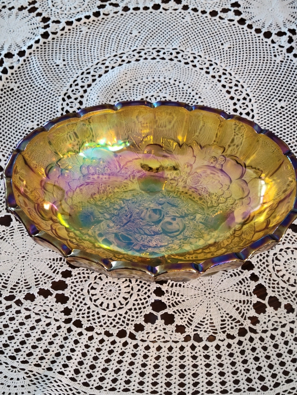 Vintage Indian Iridescent Carnival Glass Decorative Bowl - Gold Purple Hues